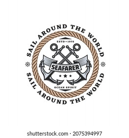 Seafarer vintage icon with crossed anchors and rope. Sailing or yachting sport club retro vector emblem, marine travel or navy service vintage symbol with fishing anchors and rope circle