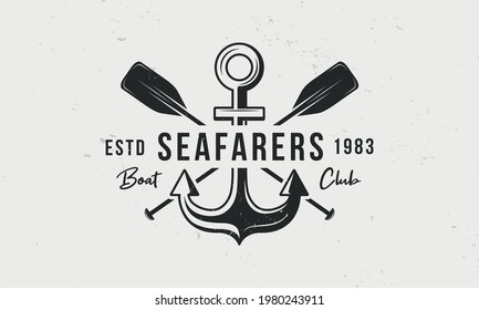 Seafarers, sailing, yachting logo, poster template. Vintage emblem template for  Yacht club, Sailing team. Anchor with crossed paddles. Template for water sport. Vector illustration