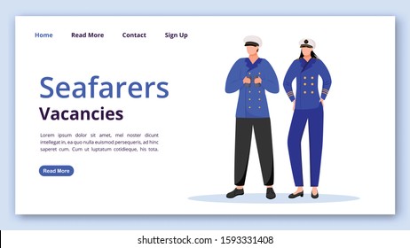 Seafarers vacancies landing page vector template. Maritime occupation website interface idea with flat illustrations. Cruise staff homepage layout. Job search web banner, webpage cartoon concept