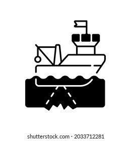 Seafloor mapping black linear icon. Pulsing seafloor with series of soundings. Reflected echoes are received by another array. Outline symbol on white space. Vector isolated illustration