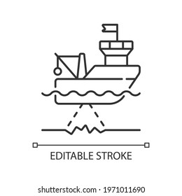 Seafloor mapping linear icon. Pulsing seafloor with series of soundings. Reflected echoes. Thin line customizable illustration. Contour symbol. Vector isolated outline drawing. Editable stroke