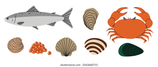 Seafood 2 cute on a White background, vector illustration.
