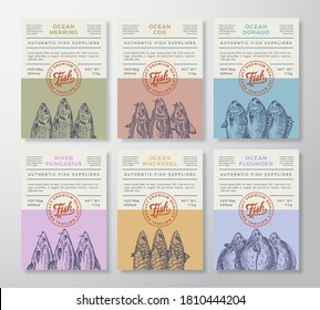 Seafood Abstract Vector Packaging Design or Labels Set. Modern Typography Banners, Hand Drawn Herring, Cod, Dorado Fish Silhouettes Color Paper Background Layouts Collection. Isolated.