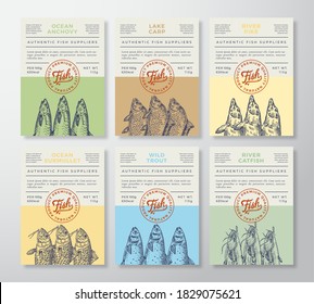 Seafood Abstract Vector Packaging Design or Labels Set. Modern Typography Banners, Hand Drawn Anchovy, Pike, Trout and Catfish Fish Silhouettes Color Paper Background Layouts Collection. Isolated.