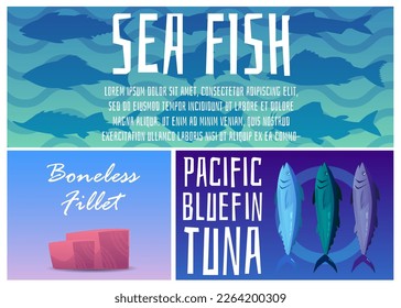 Seafood advertising banners or posters set, flat vector illustration. Sea fish and pacific bluefin tuna drawings. Concepts of fishery and fishing industry.