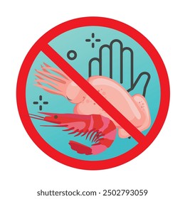  Seafood allergy sign illustrate with cute cartoon, hand and warning sign in red line