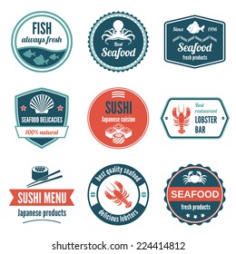 Seafood always fresh fish products delicacies sushi japanese cuisine lobster bar icons set isolated vector illustration.