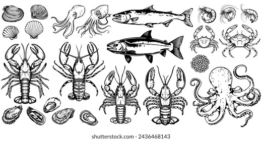 seafood animals set. ocean sea creatures outline. food sea meal elements.