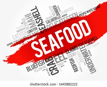 Seafood - any form of edible aquatic life that humans consume as food, word cloud concept background