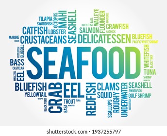Seafood - any form of edible aquatic life that humans consume as food, word cloud concept background