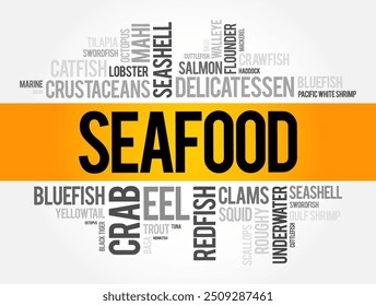 Seafood - any form of edible aquatic life that humans consume as food, word cloud concept background
