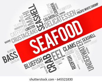 Seafood - any form of edible aquatic life that humans consume as food, word cloud concept background