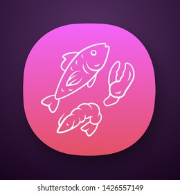 Seafood app icon. Omega 3 source products UI/UX user interface. Gourmet meal, healthy food. Web or mobile application. Salmon fish, shrimp and lobster claw vector isolated illustration