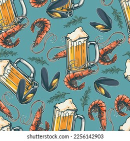 Seafood appetizer colorful pattern seamless for beer bar with alcoholic drinks and mouth-watering mussels with delicious shrimps vector illustration