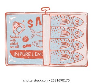 Seafood artwork. Sardines love club. Sardines fish artwork for t shirt print, poster, sticker and other uses. Canned fish artwork.