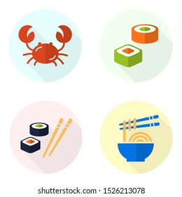 Seafood and asian cuisine. Flat icons of take away food for online shop. Vector illustrations of crab, sushi rolls and noodles.