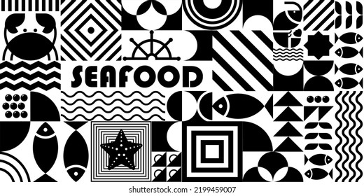 Fondo de mar al estilo Bauhaus. Afiche geométrico con geometría abstracta que Bauhaus suiza. Pescado, cangrejo, gambas, caviar en formas futuristas mínimas