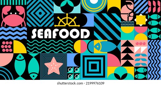 Seafood background in Bauhaus style. Geometric poster with abstract geometry Bauhaus swiss. Fish, crab, shrimp, caviar in futuristic minimal shapes, forms