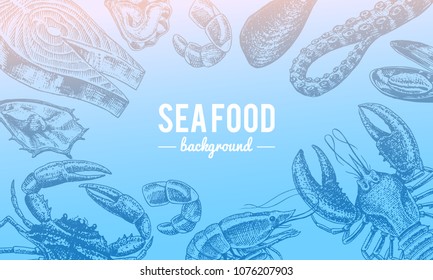 Seafood background. Crustaceans, shrimp, lobster or crayfish, crab with claws. River and lake or sea creatures. Freshwater aquarium. Poster for the menu. Engraved hand drawn in old vintage sketch.