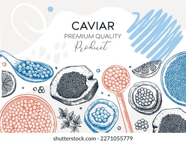 Seafood background design with red caviar canape, canned black caviar, lemons in collage style. Sea delicacy banner template or restaurant menu or finger food party. Canned fish hand drawn sketches