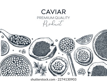 Seafood background design with red caviar canape, black caviar tin, and lemons in sketch style. Sea delicacy banner template for restaurant menu or finger food party. Hand-drawn tinned fish drawings