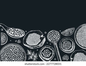 Seafood background design with red caviar canape, canned black caviar, lemons on chalkboard. Sea delicacy banner template for restaurant menu or finger food party. Tinned fish hand-drawn illustration