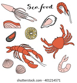 Seafood background doodle clip art icon illustration