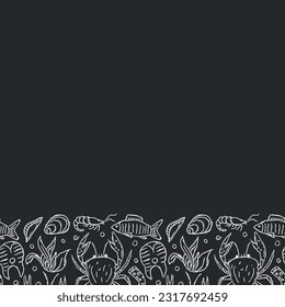 Seafood background. Drawn seafood illustration with place for text