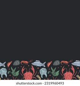 Seafood background. Drawn seafood illustration with place for text