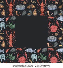 Seafood background. Drawn seafood illustration with place for text