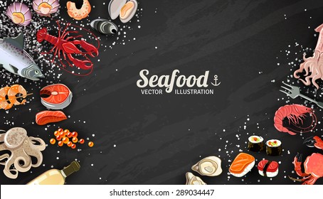 Seafood background with fish prawns and sushi delicacy vector illustration