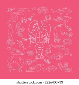 Seafood background for fish restaurant in magenta colors. Vector illustration in hand drawn style