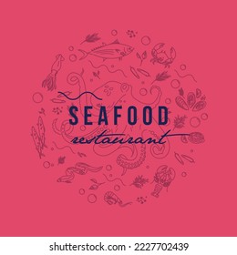 Seafood background for fish restaurant in magenta colors. Vector illustration in hand drawn style