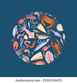 fundo de frutos do mar. peixes ilustração em forma de círculo produtos marinhos ou oceânicos