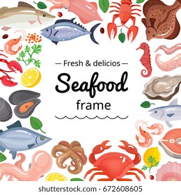 Seafood background frame with isolated images of marine food products with empty square place for text vector illustration