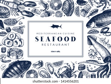 Seafood background. With hand drawn fresh fish, lobster, crab, oyster, mussel, squid, shrimps and sushi illustrations. Vintage menu or flyer design with sea food sketch. Vector food twmplate.