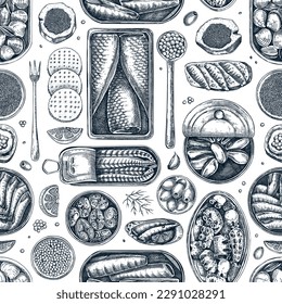 Seafood background. Hand-drawn tinned fish seamless pattern. Sardines, anchovy, mackerel, tuna, mussels in tin cans, fish canapes, olives, crackers sketches. For packaging, print, textile, wrapping