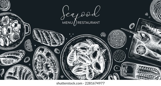 Seafood background on chalkboard. Hand-drawn mussels, oysters, shrimps, caviar, canned fish canape sketches. Mediterranean cuisine, restaurant menu, finger food party banner design