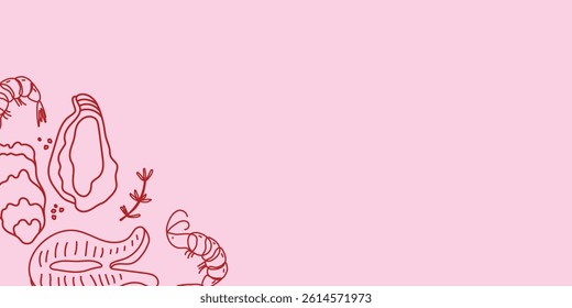 Seafood background on a pink backdrop. Hand drawn vector illustration. Ideal for restaurant and café menus, food banners, and promotional designs with space for text.
