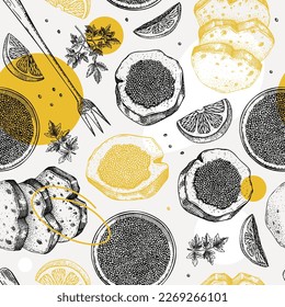 Seafood background for restaurant or finger food menu design. Hand-drawn sketches of canned caviar, black caviar canape, bread, lemons. Sea delicacy seamless pattern in collage style.
