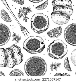 Seafood background for a restaurant or finger food menu design. Hand-drawn sketches of canned caviar, black caviar canape, bread, and lemons sketches. Sea delicacy seamless pattern in engraved style.