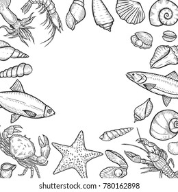 Seafood background restaurant flyer menu with traditional marine dish. Retro vintage ocean template. Engraved vector illustration, oyster tuna fish lobster squid clam. Hand drawn