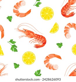 Seafood background. Seamless pattern with shrimp, parsley and lemon slice. Vector cartoon illustration.