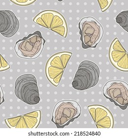 Seafood background seamless texture with lemon and  oysters