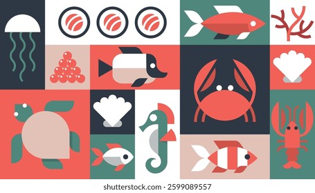 Seafood background vector geometric, set of icons Restaurant Cafe kitchen menu