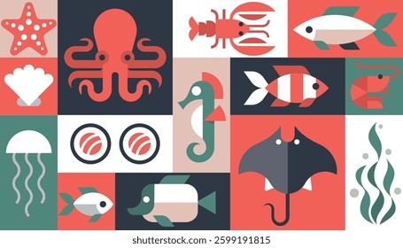 Seafood background vector geometric, set of icons Restaurant Cafe kitchen menu