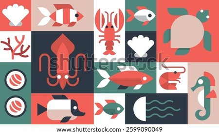 Seafood background vector geometric, set of icons Restaurant Cafe kitchen menu