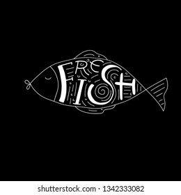 Seafood, badge for your design, Seafood Word for printing and labels. Vector hand draw illustration on white background. lettering. fish under water for print, web, mobile and infographics.