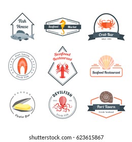 Seafood Badges or Labels Set for a Bar, Restaurant, Tavern or House. Flat Design Style. Vector illustration