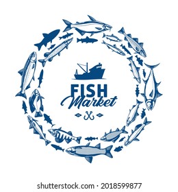 Seafood banner concept with fish illustrations and silhouettes for fisheries, fishing, fish markets, packaging or advertising